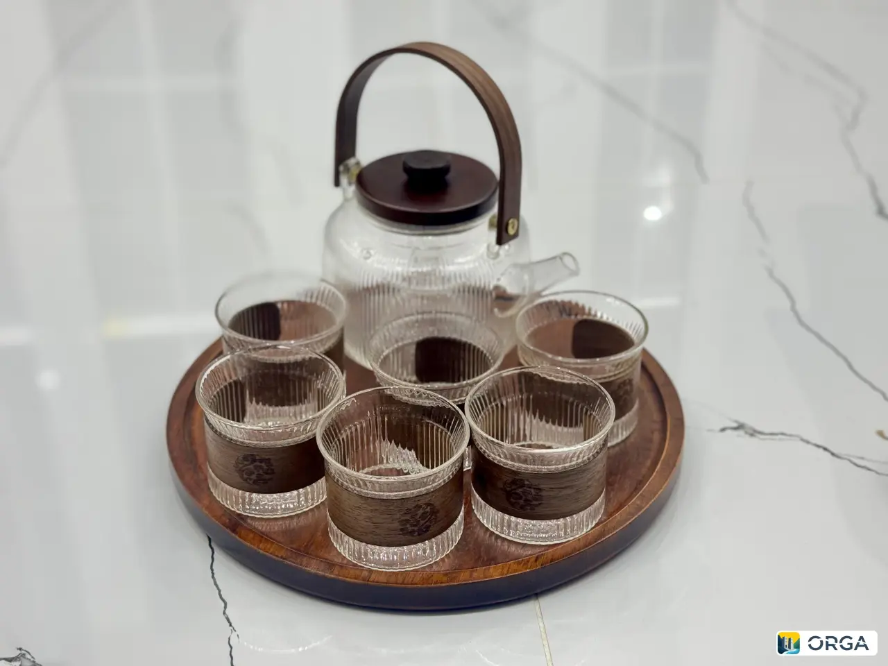 Чайный набор с подносом, чайник, 2 заварочных сеточки, 6 стаканов