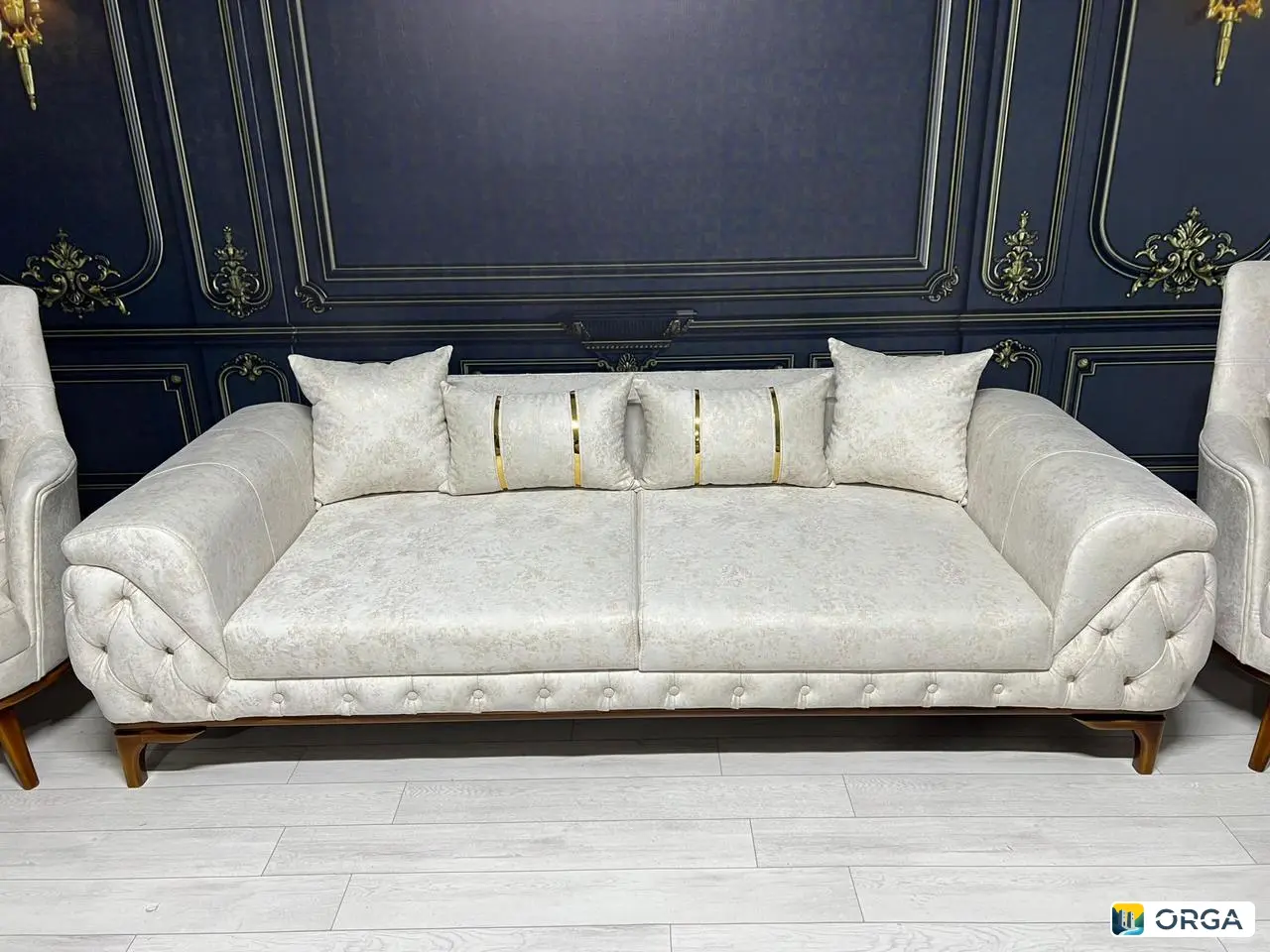 Диван Stella с двумя креслами, 6 подушками, ткань Лотос, деревянные ножки, откидная спинка