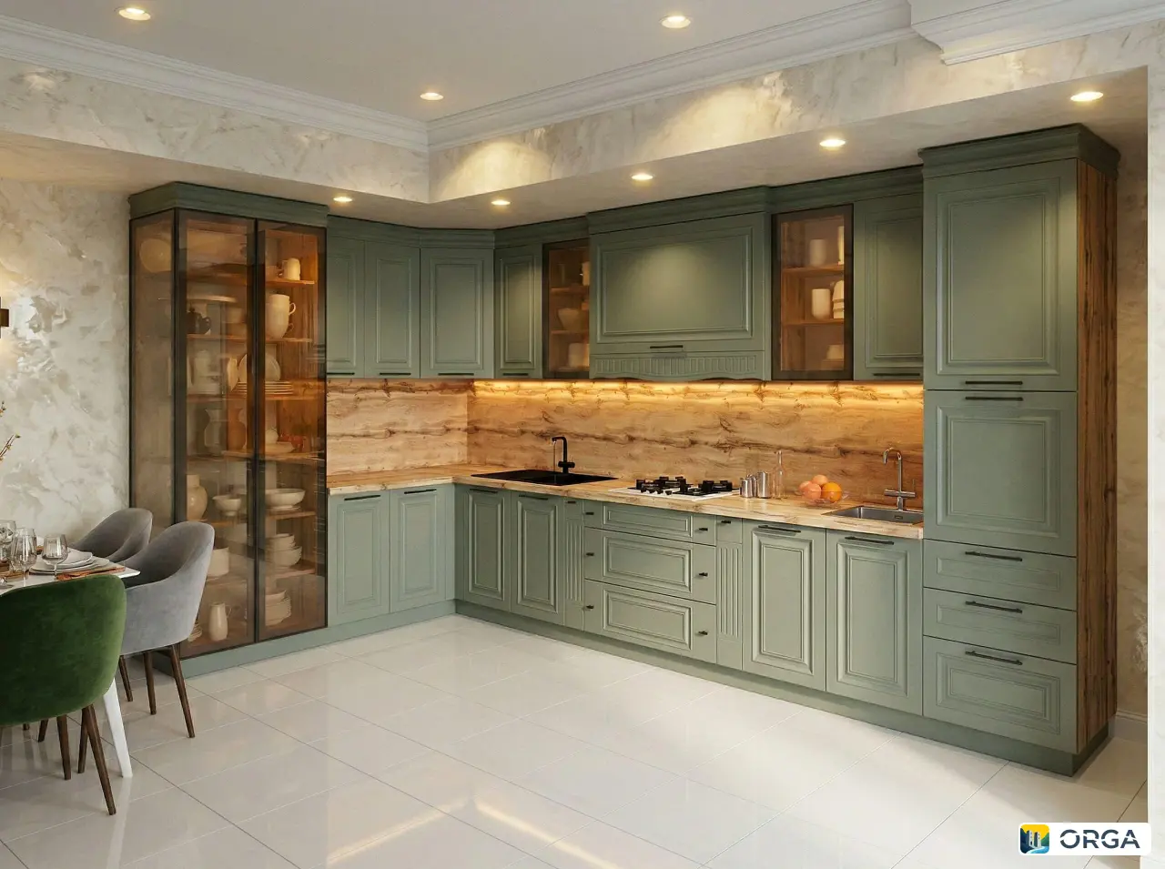 Кухня «Амадеус» 425/225— 205/445, высота 240, ЛДСП, крашеный фасад, столешница под дерево