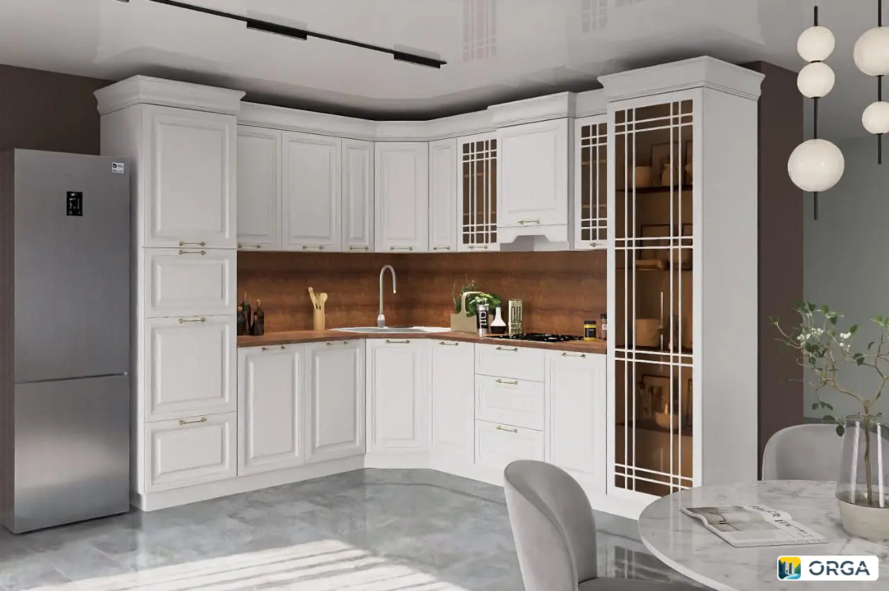 Кухня «Светлана» белая, классический стиль, МДФ, столешница таксус, 235 см